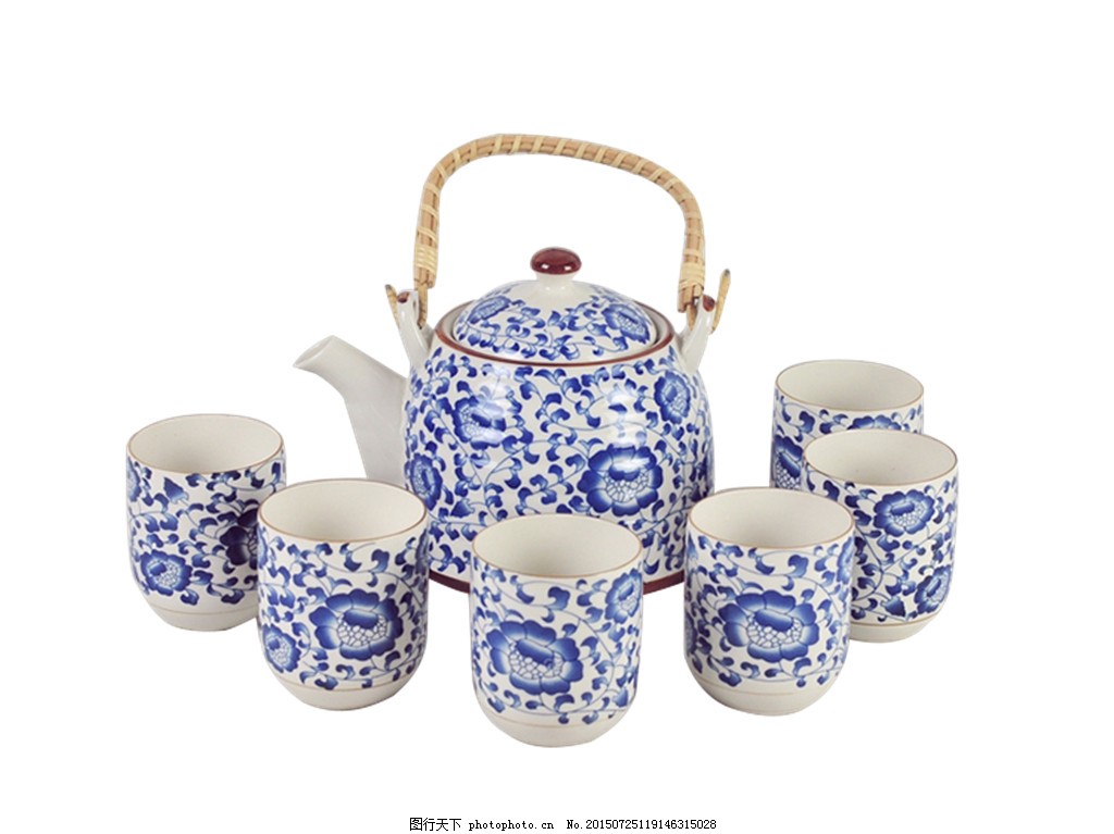 雅致蓝色花纹陶瓷茶具产品实物